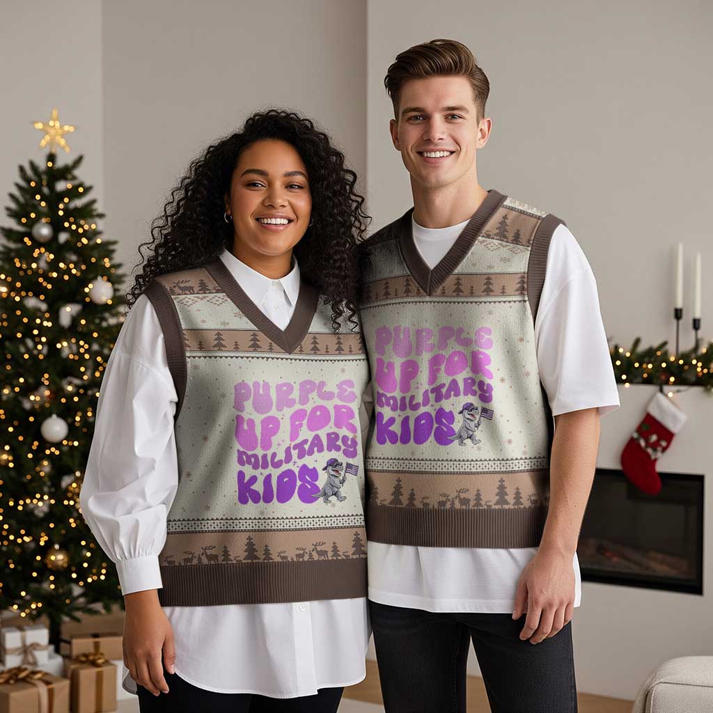 Purple Up For Military Kids V-Neck Knit Sweater Vest Groovy Dino Dinosaur Military Child Month
