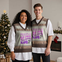 Purple Up For Military Kids V-Neck Knit Sweater Vest Groovy Dino Dinosaur Military Child Month