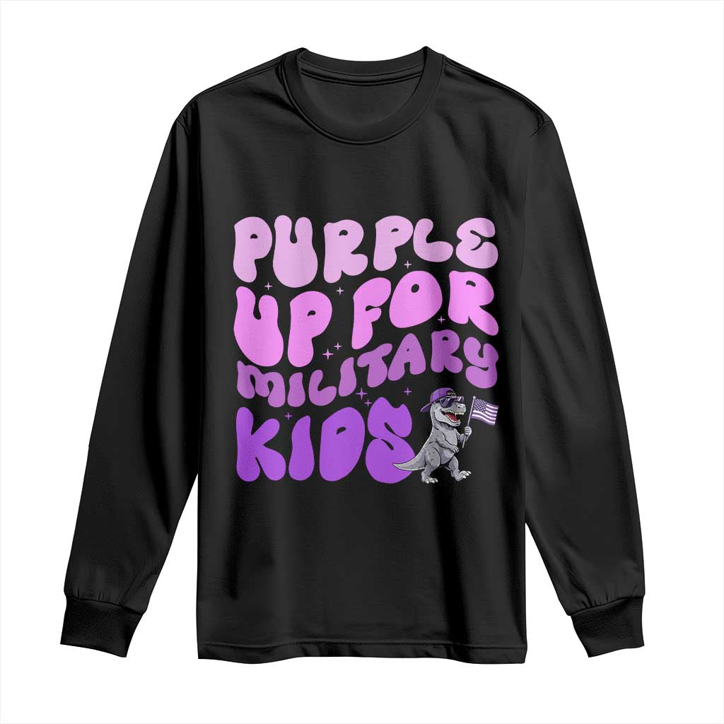 Purple Up For Military Kids Long Sleeve Shirt Groovy Dino Dinosaur Military Child Month