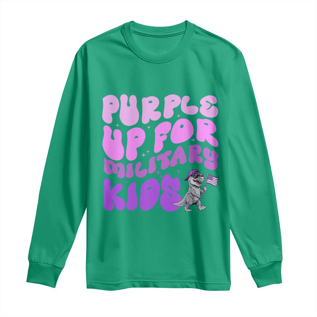 Purple Up For Military Kids Long Sleeve Shirt Groovy Dino Dinosaur Military Child Month
