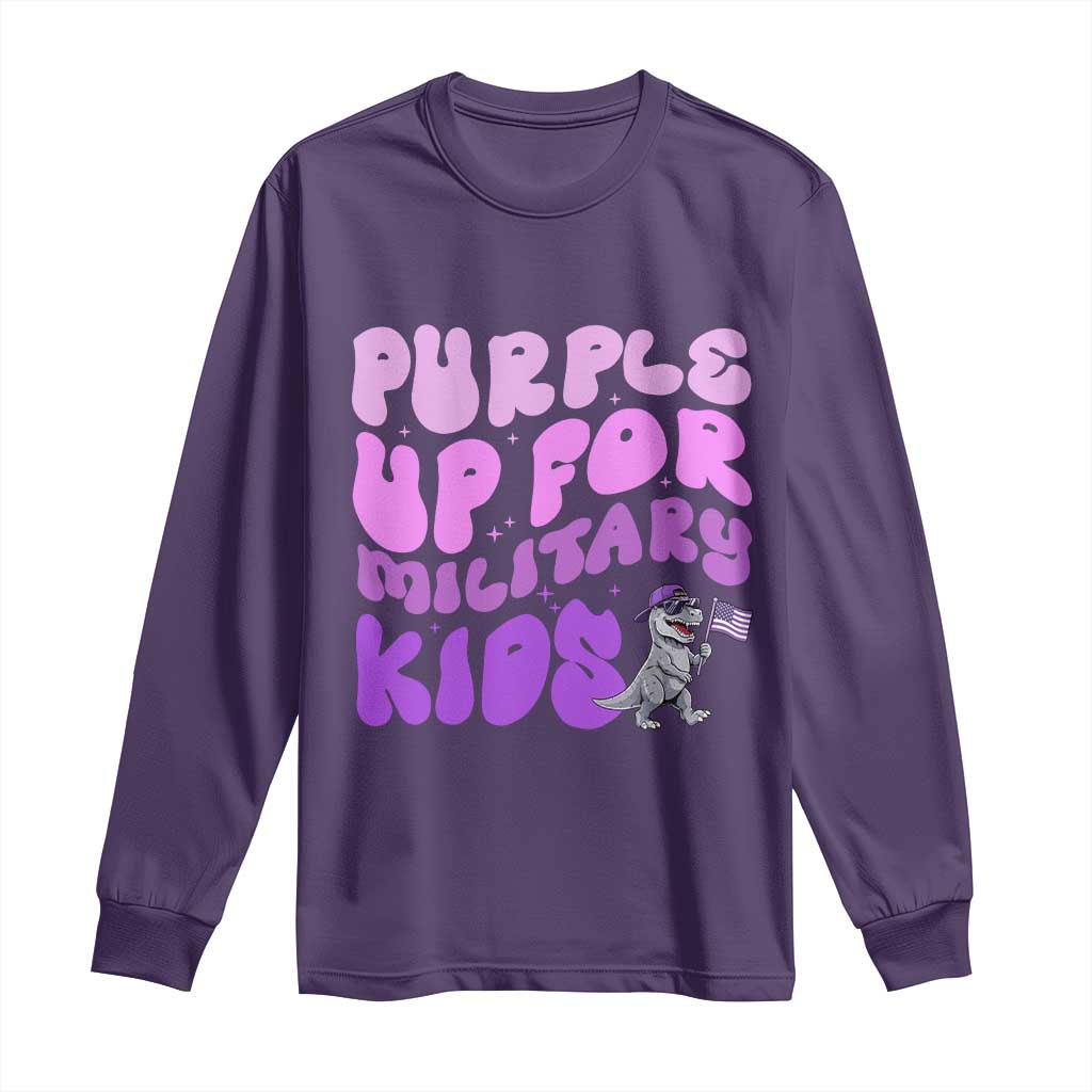 Purple Up For Military Kids Long Sleeve Shirt Groovy Dino Dinosaur Military Child Month