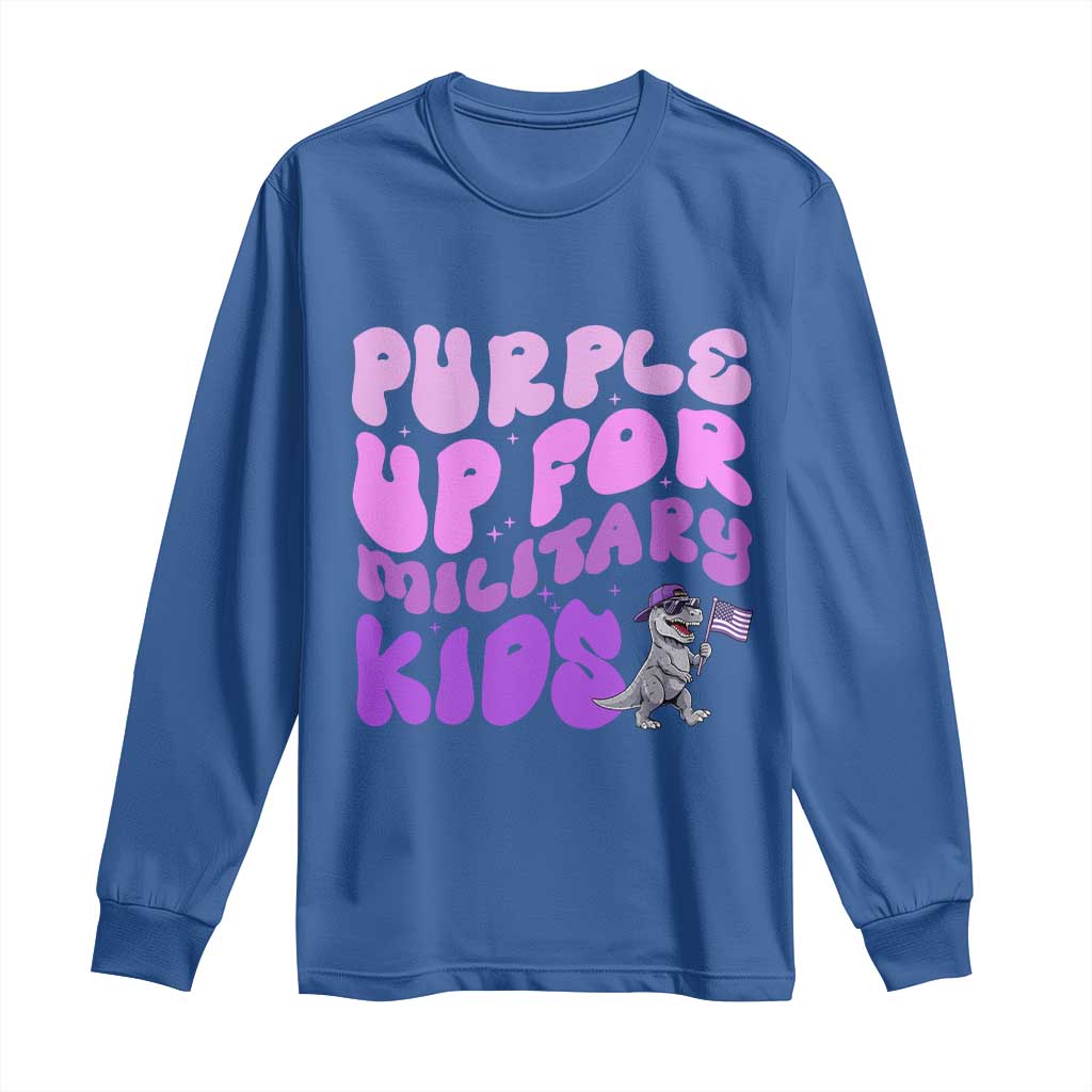 Purple Up For Military Kids Long Sleeve Shirt Groovy Dino Dinosaur Military Child Month