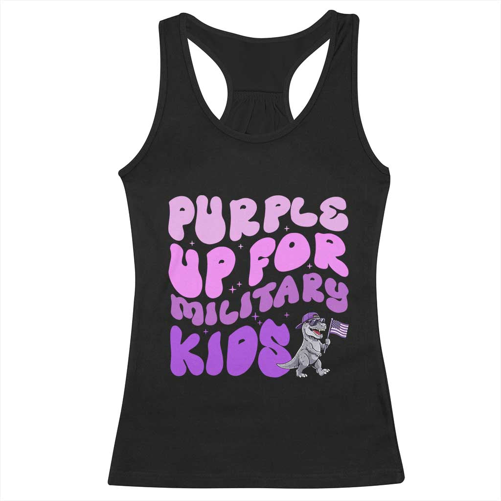 Purple Up For Military Kids Racerback Tank Top Groovy Dino Dinosaur Military Child Month