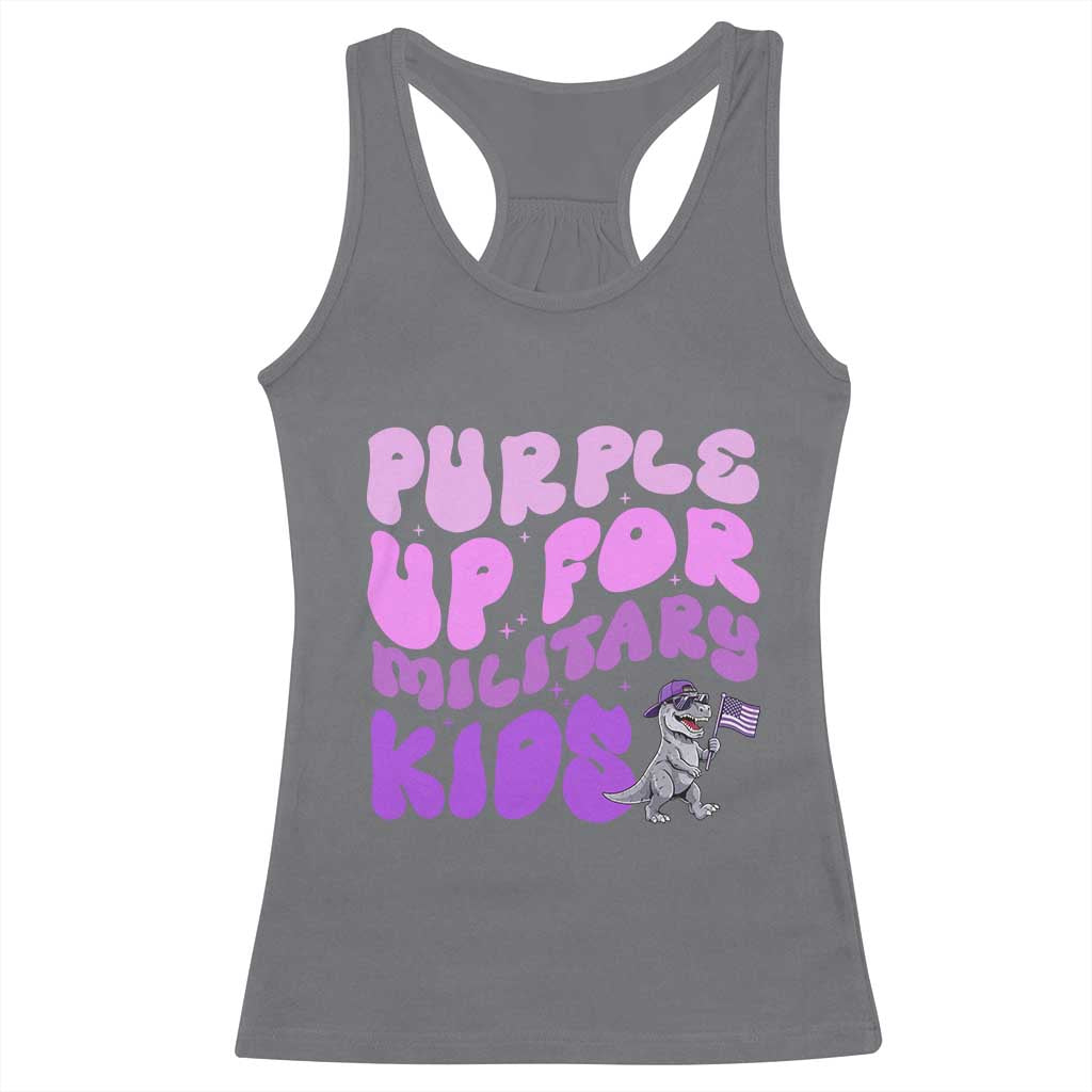Purple Up For Military Kids Racerback Tank Top Groovy Dino Dinosaur Military Child Month