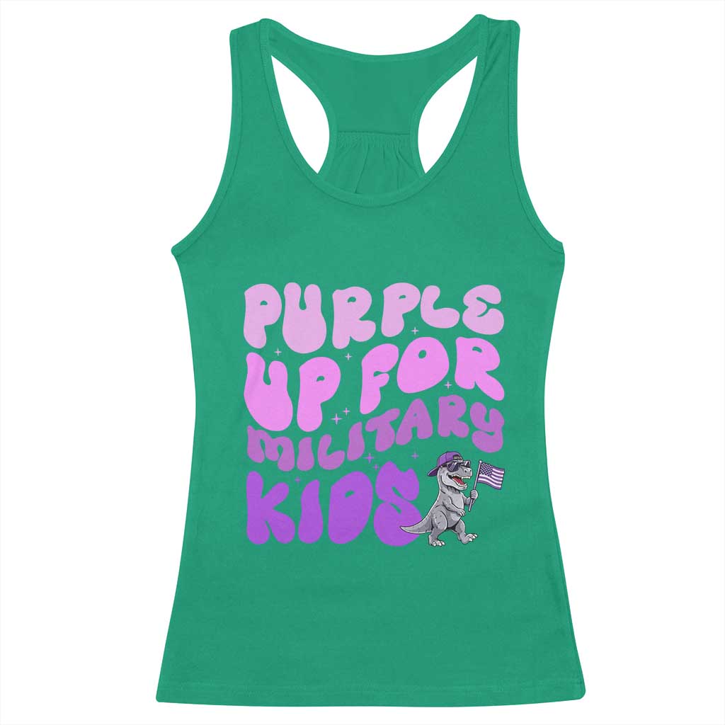 Purple Up For Military Kids Racerback Tank Top Groovy Dino Dinosaur Military Child Month