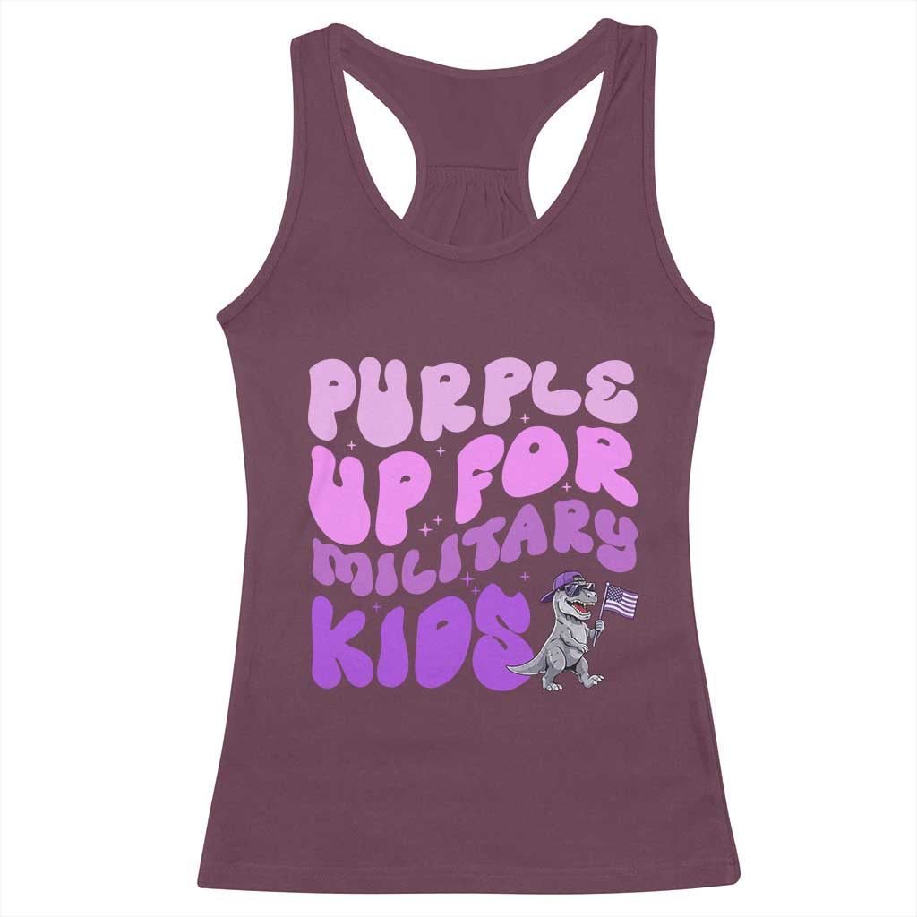 Purple Up For Military Kids Racerback Tank Top Groovy Dino Dinosaur Military Child Month