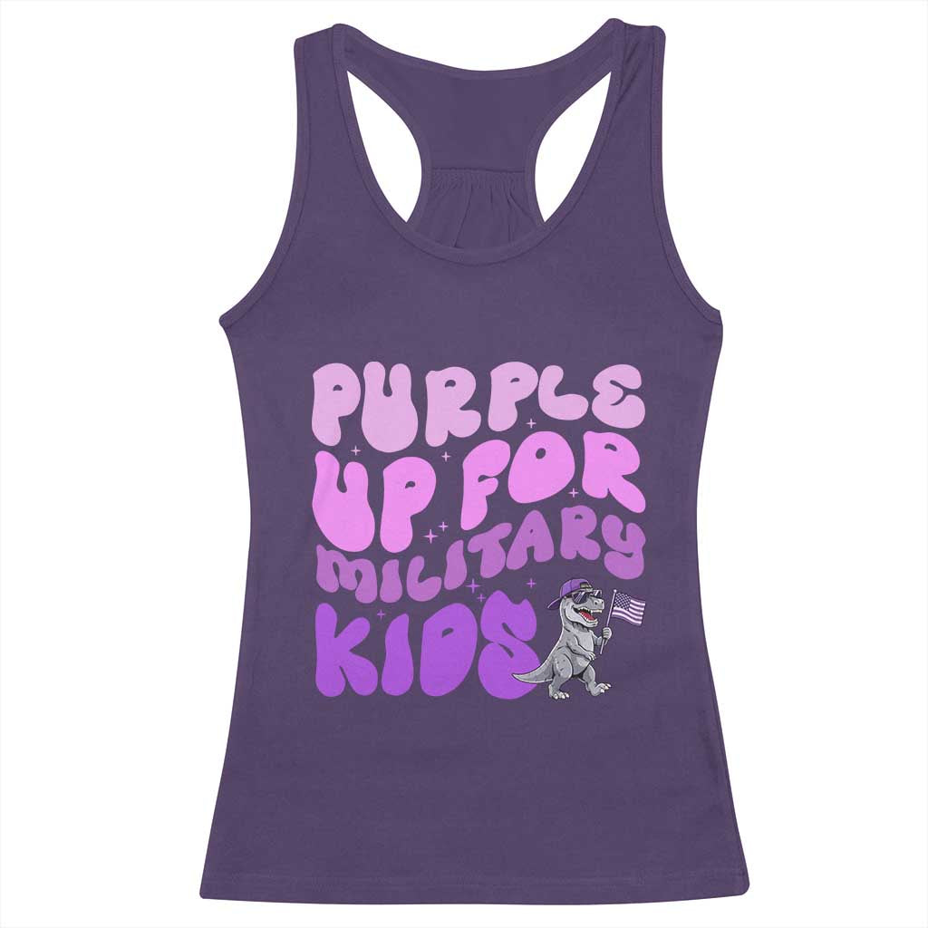 Purple Up For Military Kids Racerback Tank Top Groovy Dino Dinosaur Military Child Month