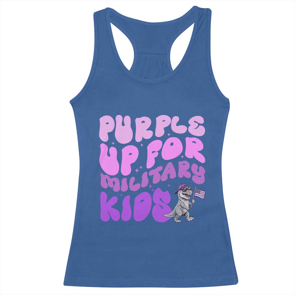 Purple Up For Military Kids Racerback Tank Top Groovy Dino Dinosaur Military Child Month