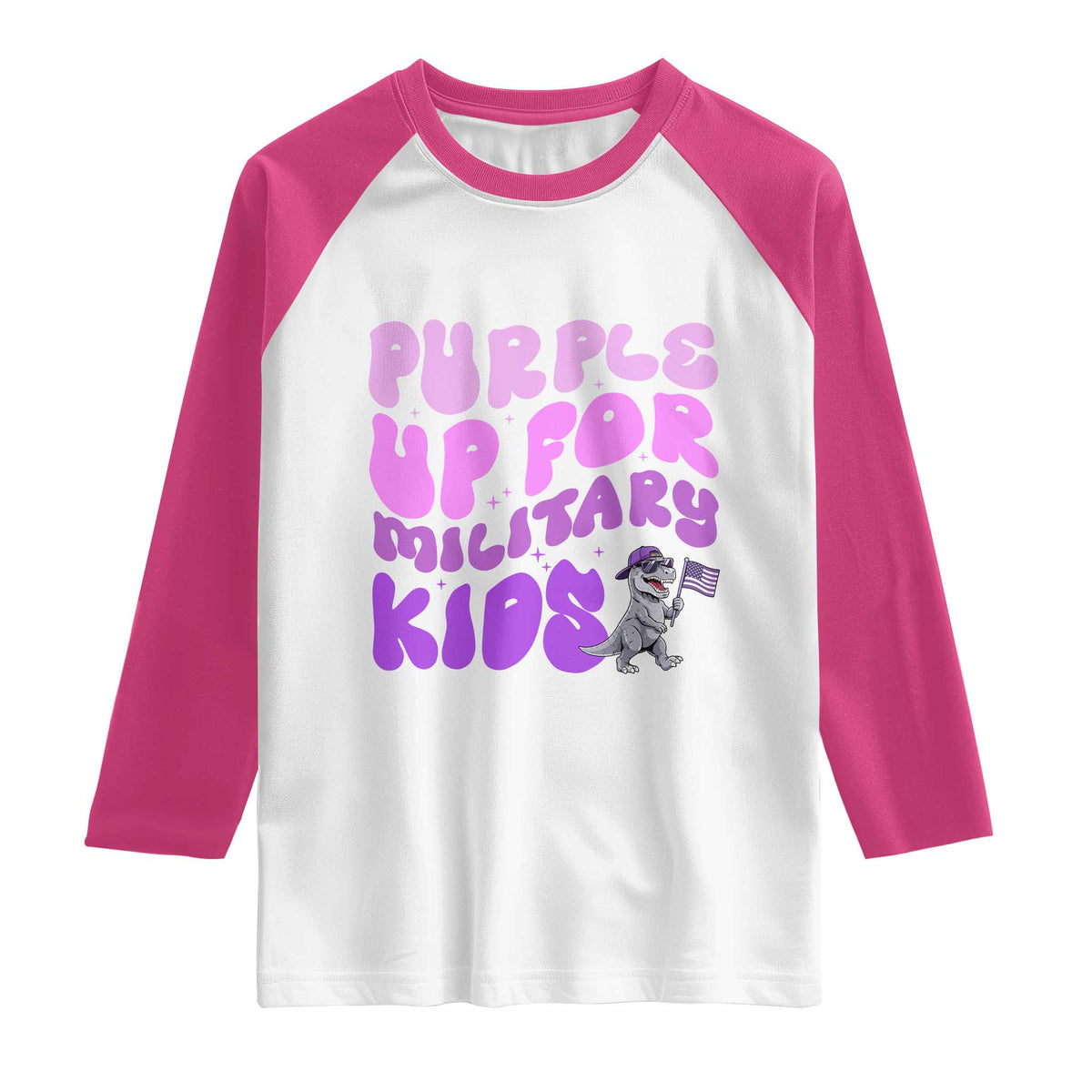 Purple Up For Military Kids Raglan Shirt Groovy Dino Dinosaur Military Child Month