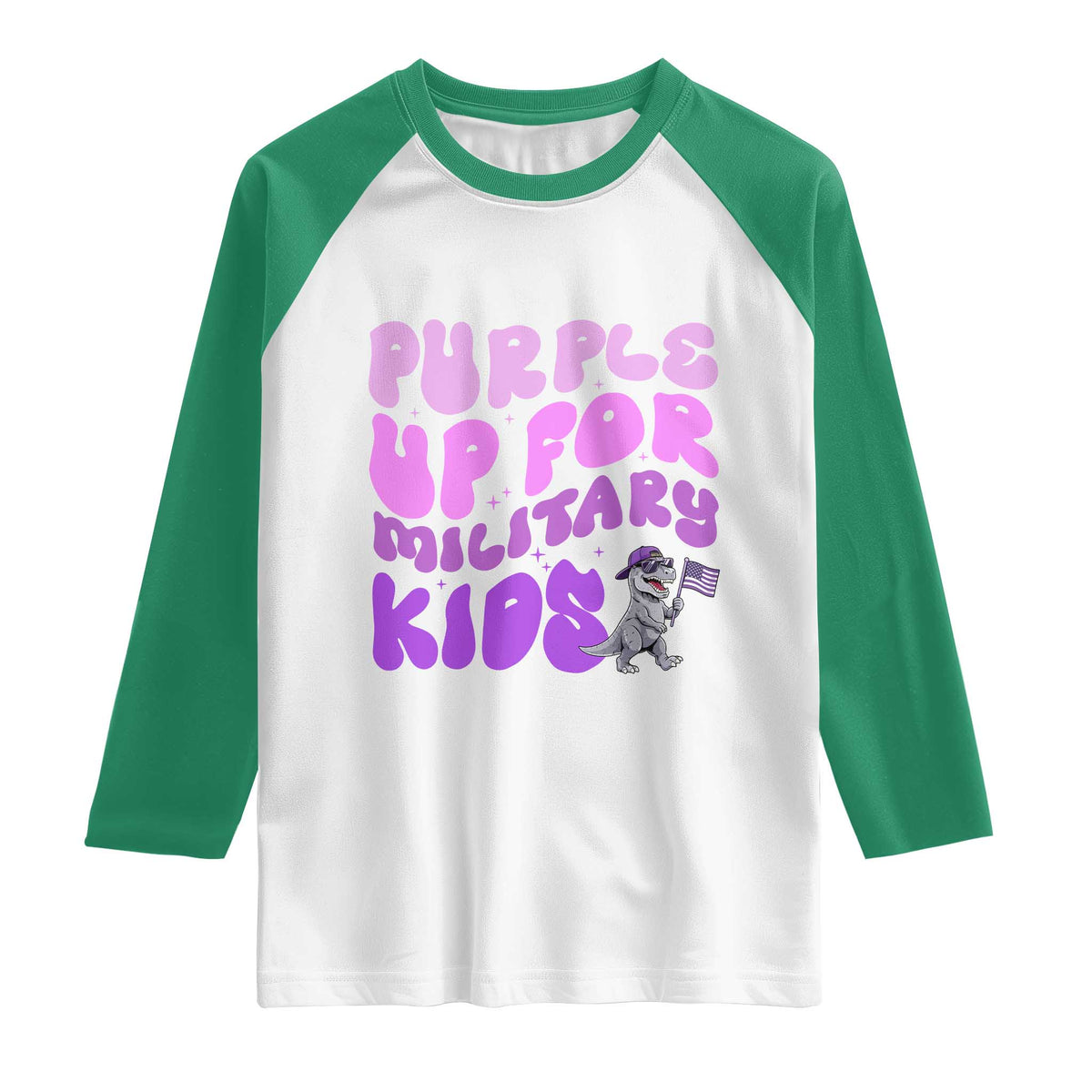 Purple Up For Military Kids Raglan Shirt Groovy Dino Dinosaur Military Child Month