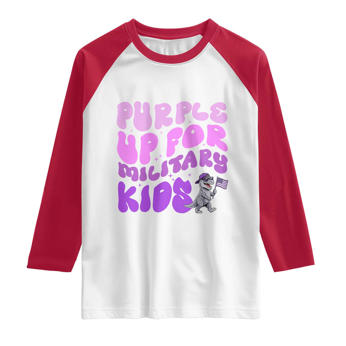 Purple Up For Military Kids Raglan Shirt Groovy Dino Dinosaur Military Child Month