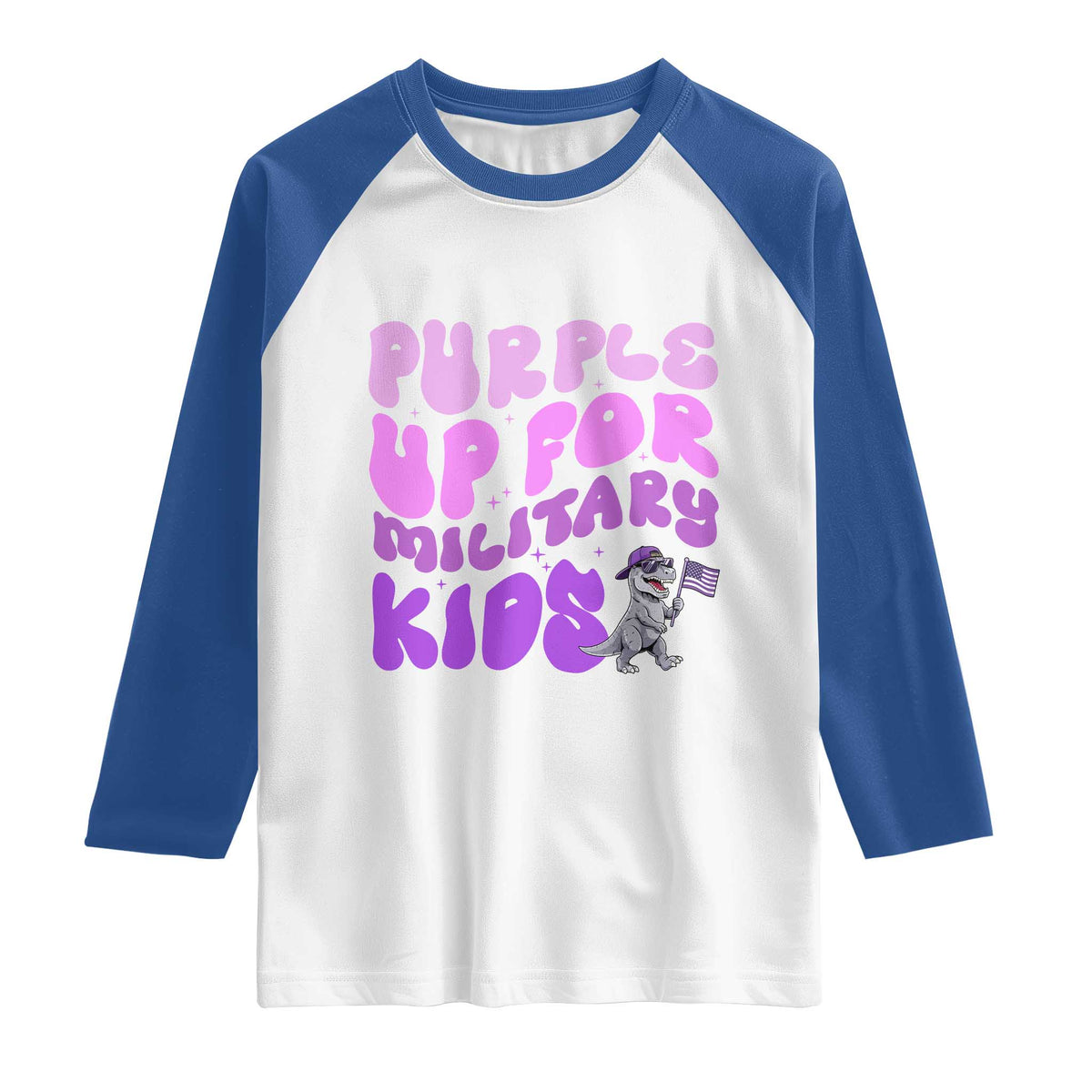 Purple Up For Military Kids Raglan Shirt Groovy Dino Dinosaur Military Child Month