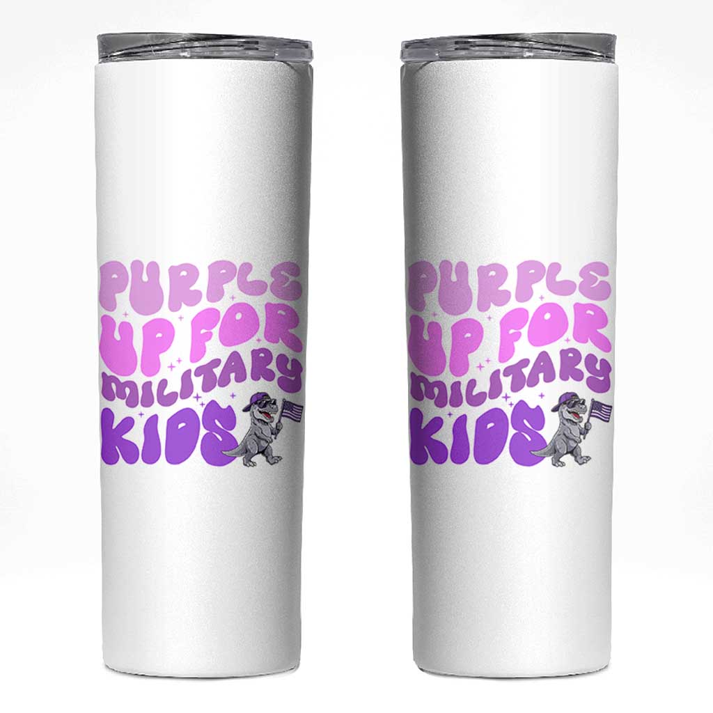Purple Up For Military Kids Skinny Tumbler Groovy Dino Dinosaur Military Child Month