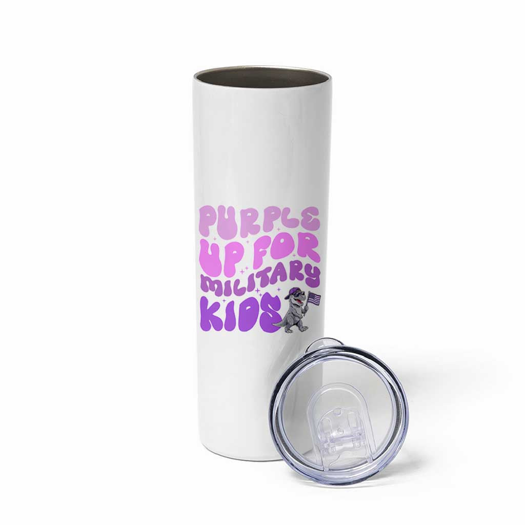 Purple Up For Military Kids Skinny Tumbler Groovy Dino Dinosaur Military Child Month