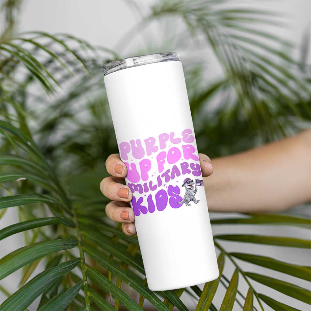 Purple Up For Military Kids Skinny Tumbler Groovy Dino Dinosaur Military Child Month