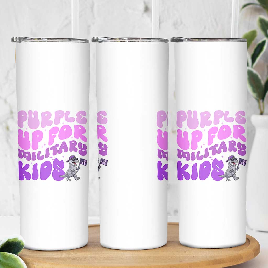 Purple Up For Military Kids Skinny Tumbler Groovy Dino Dinosaur Military Child Month