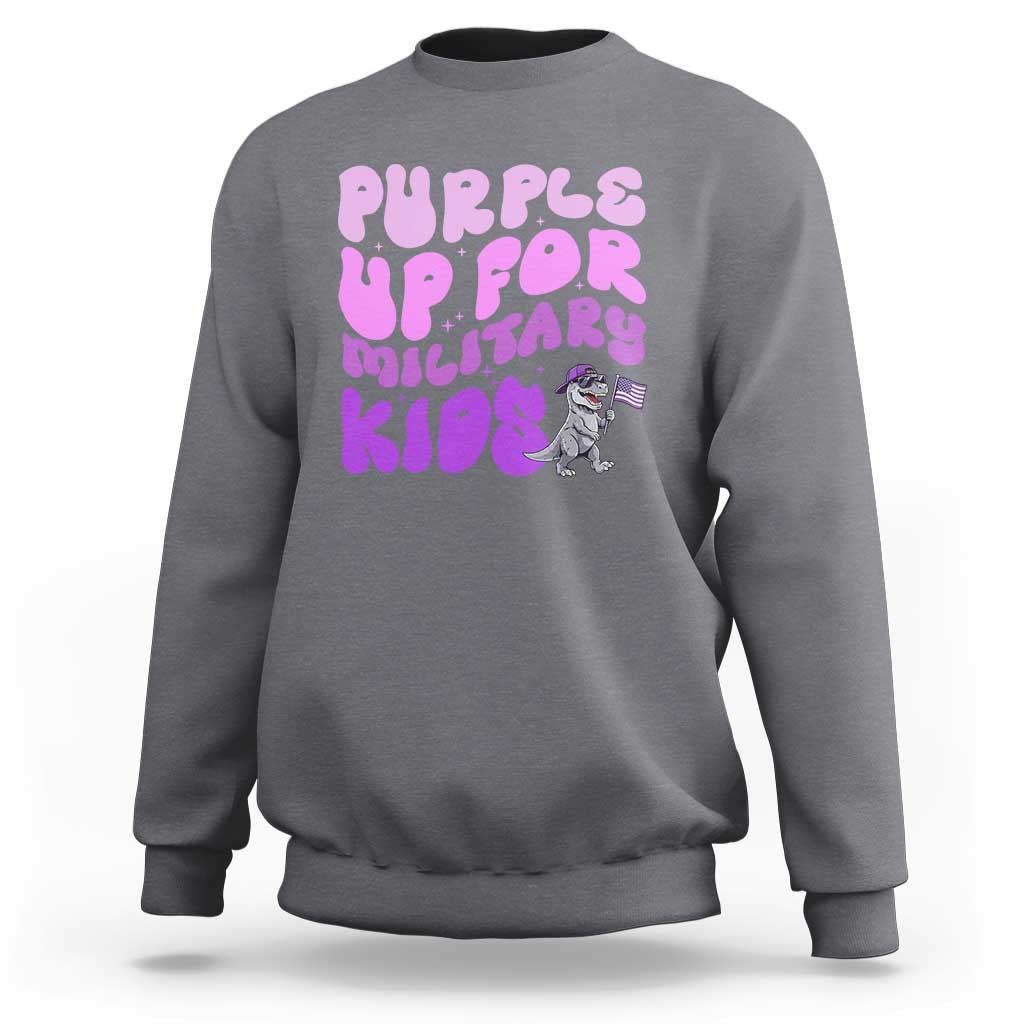 Purple Up For Military Kids Sweatshirt Groovy Dino Dinosaur Military Child Month