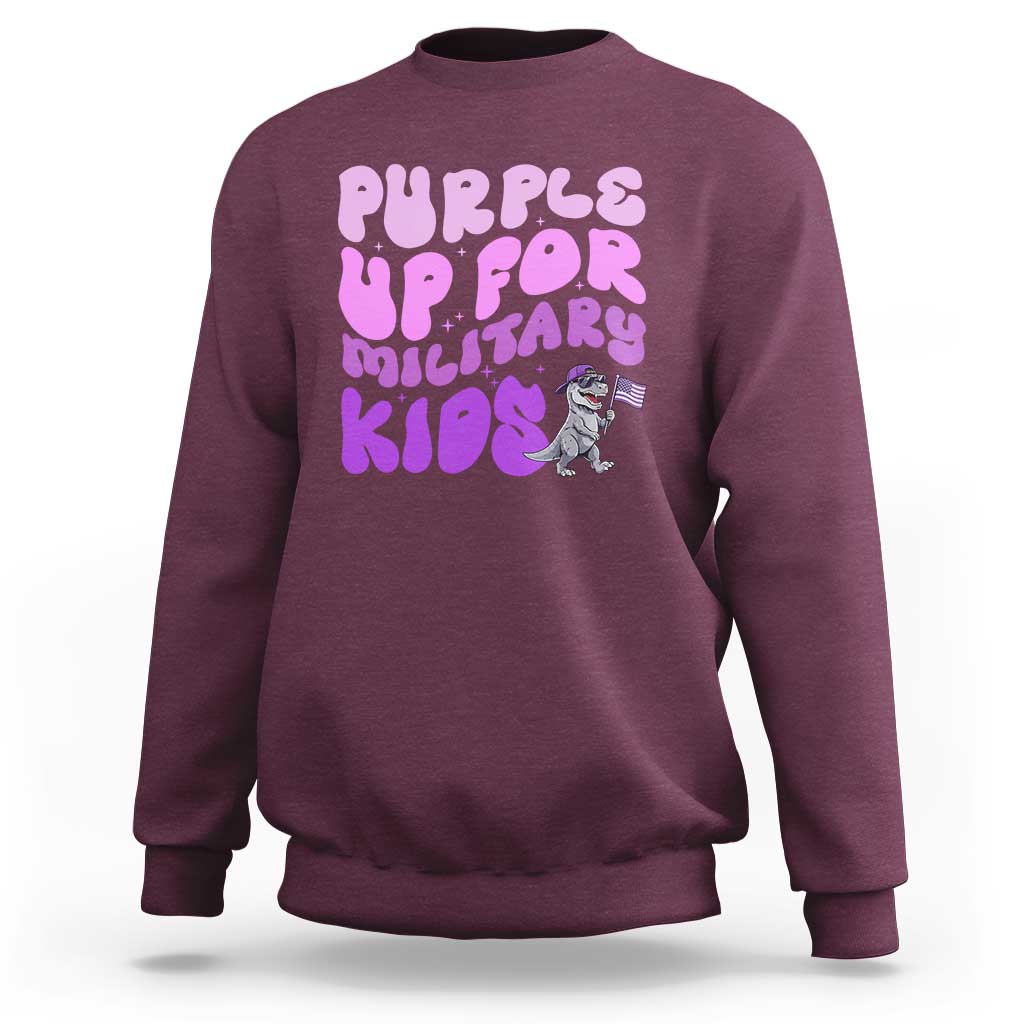 Purple Up For Military Kids Sweatshirt Groovy Dino Dinosaur Military Child Month