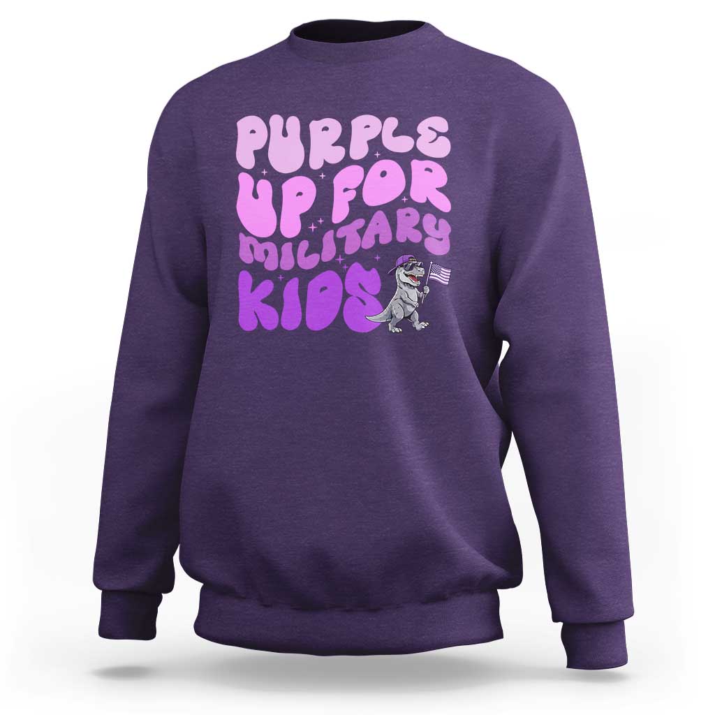 Purple Up For Military Kids Sweatshirt Groovy Dino Dinosaur Military Child Month