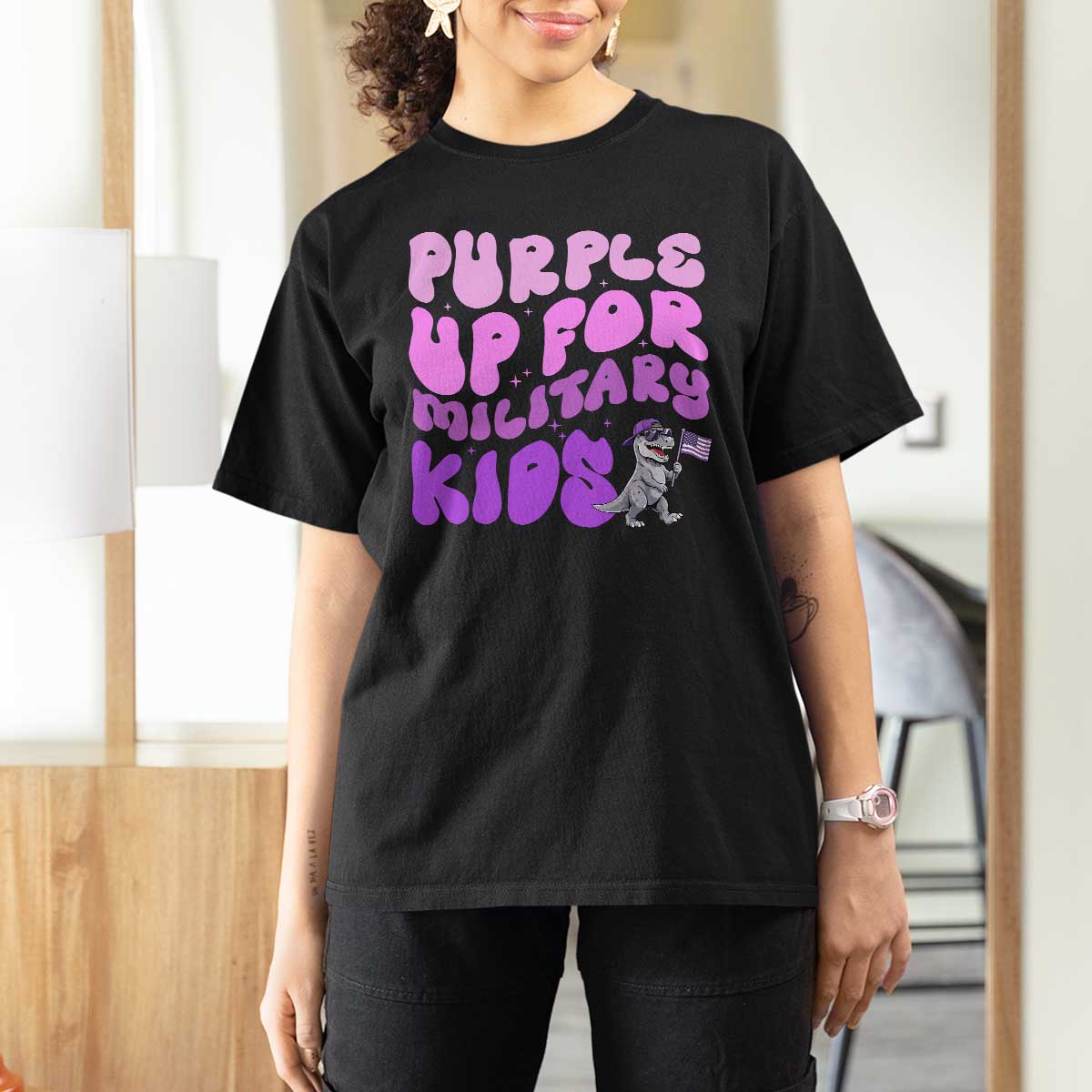 Purple Up For Military Kids T Shirt For Women Groovy Dino Dinosaur Military Child Month