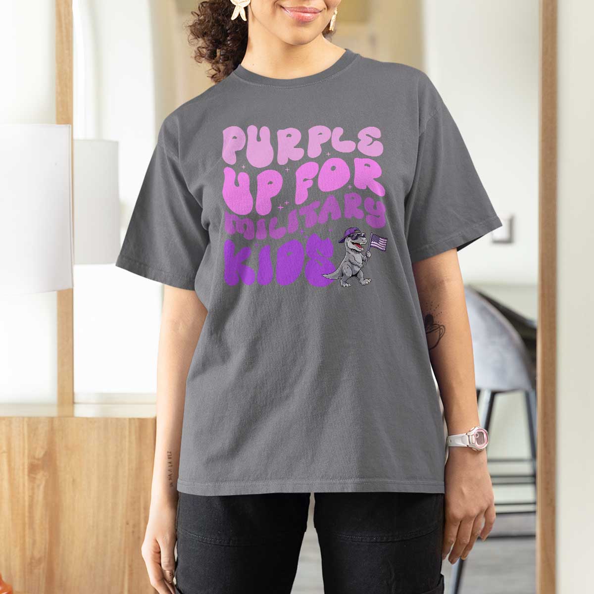 Purple Up For Military Kids T Shirt For Women Groovy Dino Dinosaur Military Child Month