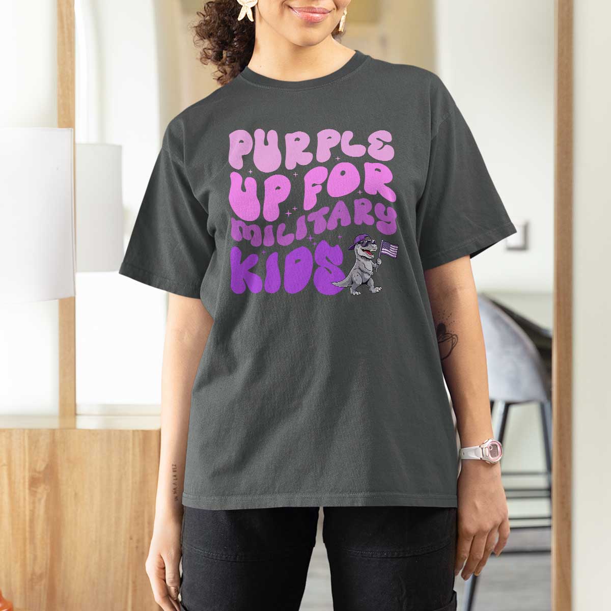 Purple Up For Military Kids T Shirt For Women Groovy Dino Dinosaur Military Child Month