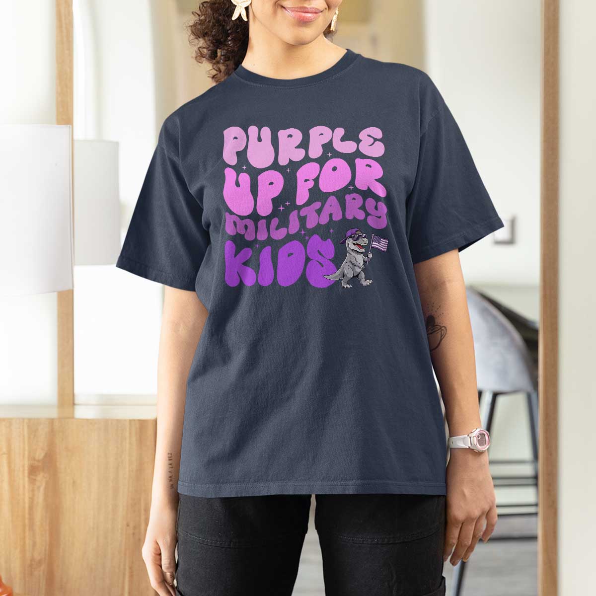 Purple Up For Military Kids T Shirt For Women Groovy Dino Dinosaur Military Child Month