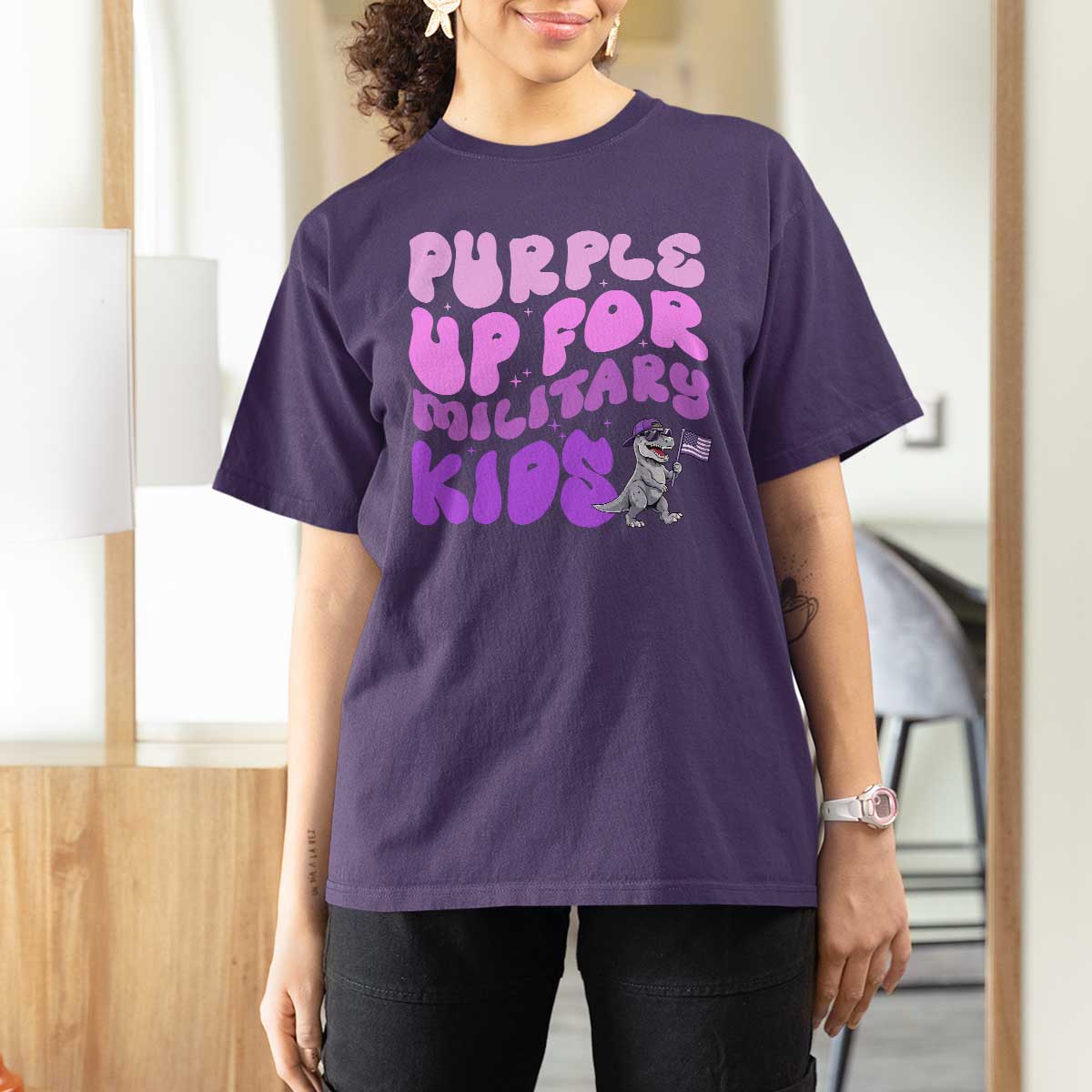 Purple Up For Military Kids T Shirt For Women Groovy Dino Dinosaur Military Child Month