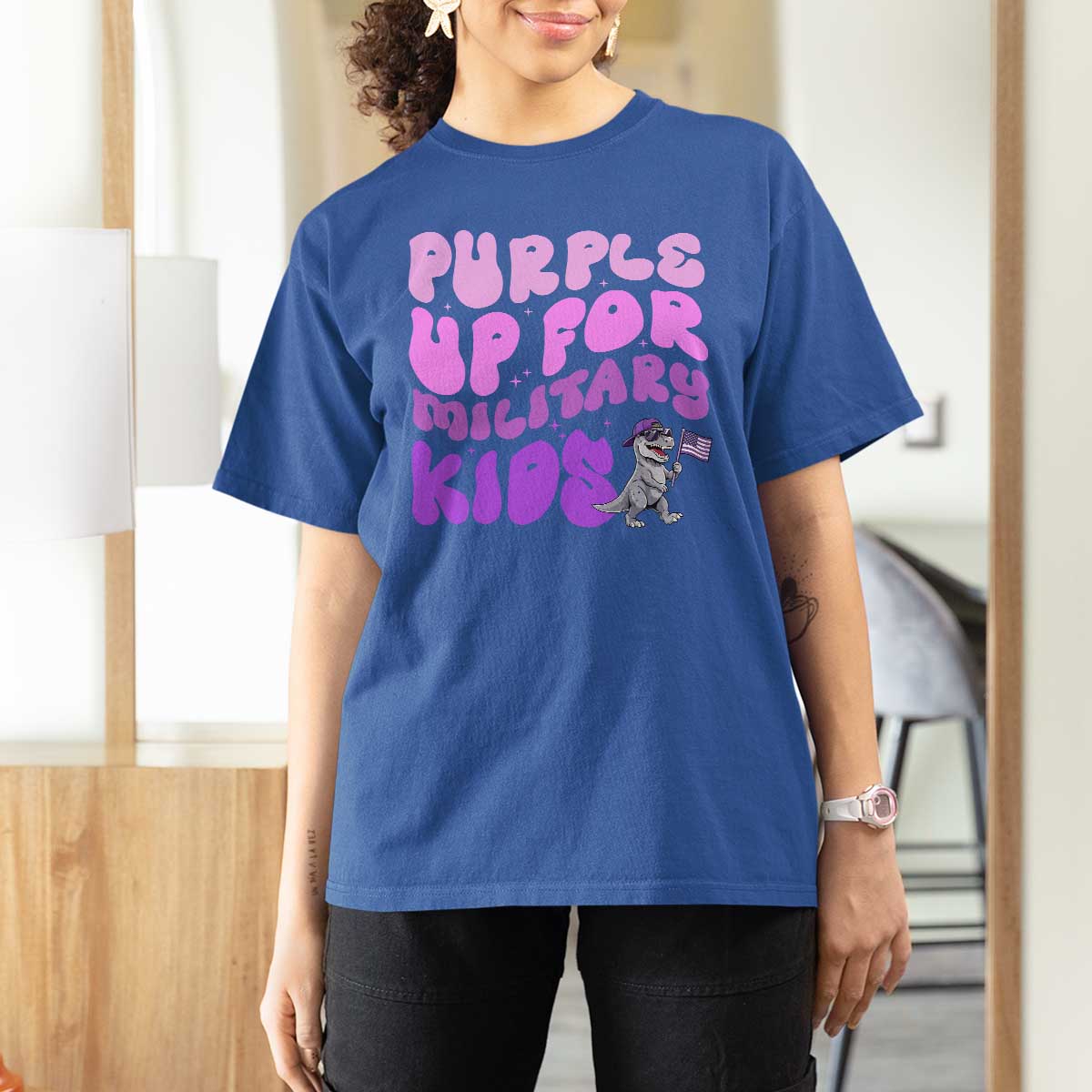 Purple Up For Military Kids T Shirt For Women Groovy Dino Dinosaur Military Child Month