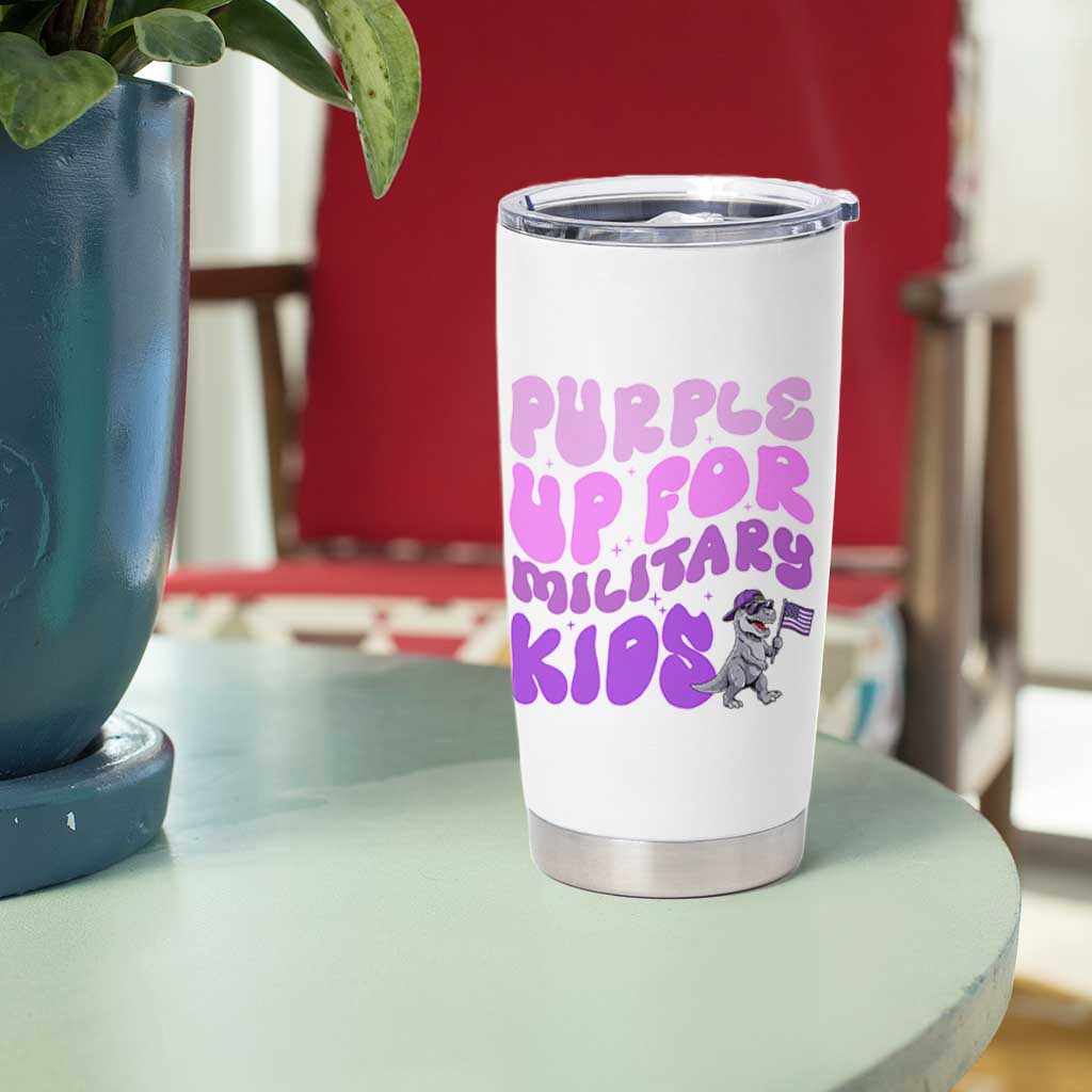 Purple Up For Military Kids Tumbler Cup Groovy Dino Dinosaur Military Child Month