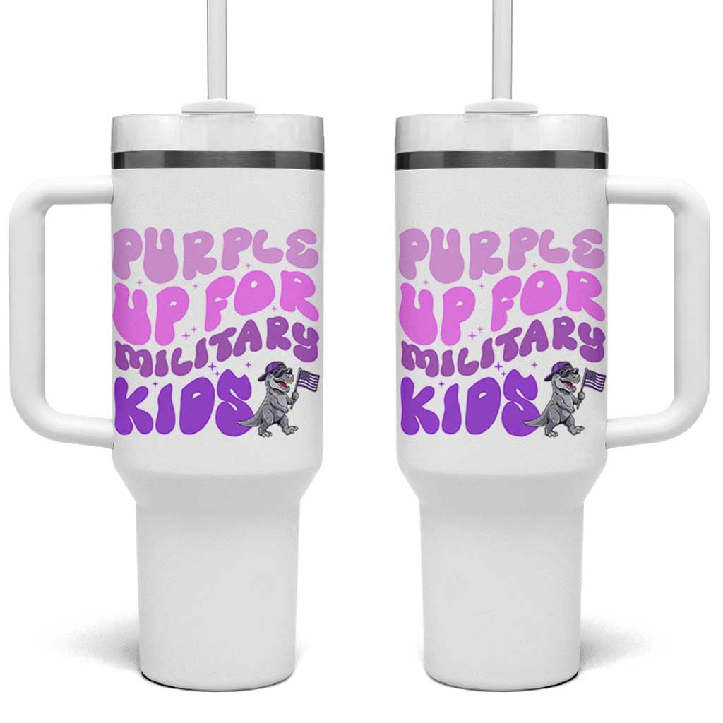 Purple Up For Military Kids Tumbler With Handle Groovy Dino Dinosaur Military Child Month