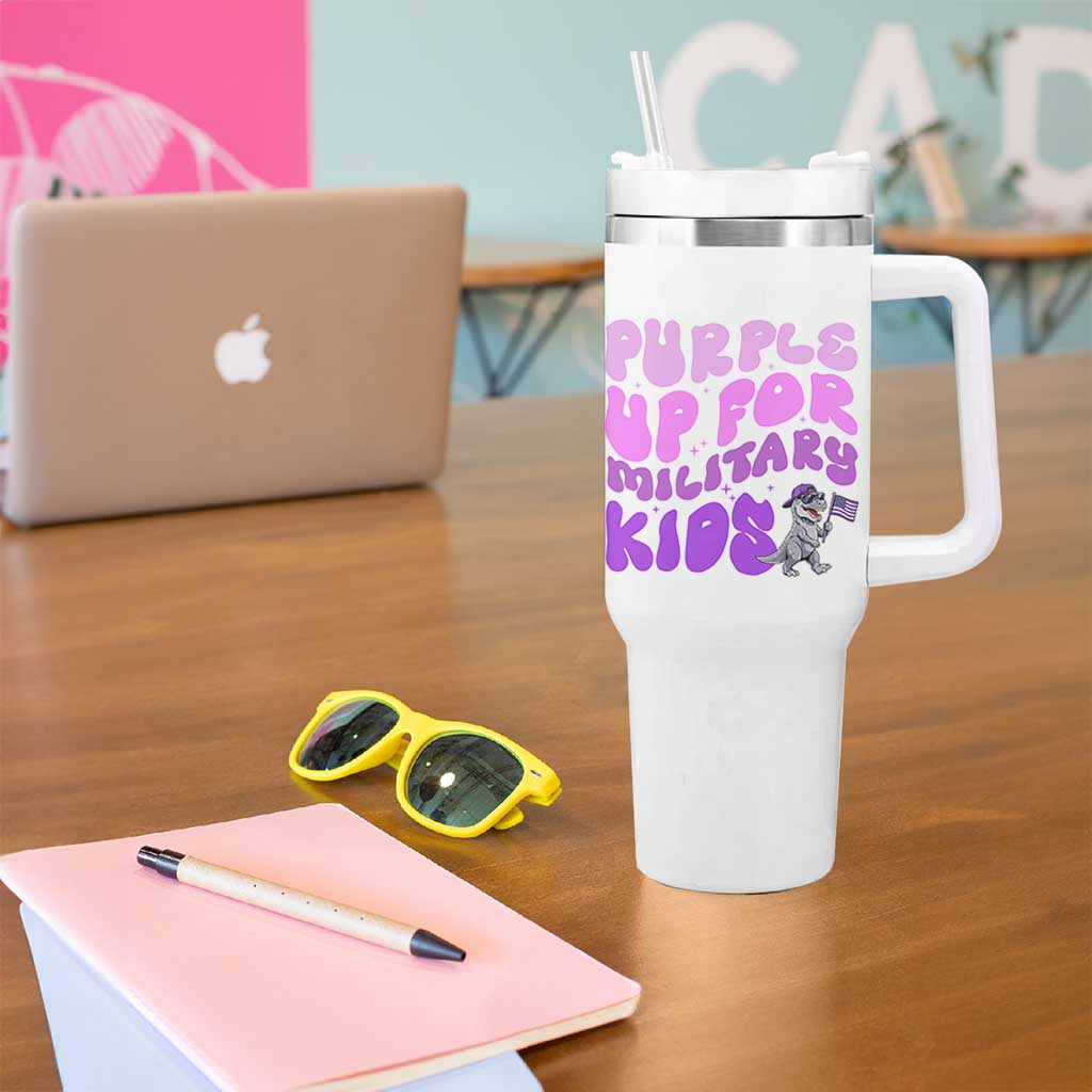 Purple Up For Military Kids Tumbler With Handle Groovy Dino Dinosaur Military Child Month