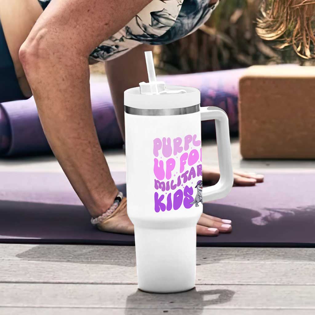 Purple Up For Military Kids Tumbler With Handle Groovy Dino Dinosaur Military Child Month