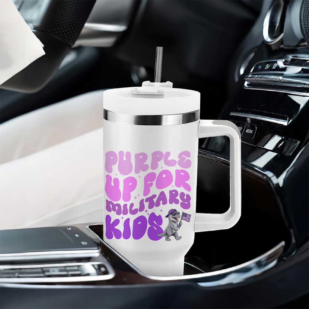 Purple Up For Military Kids Tumbler With Handle Groovy Dino Dinosaur Military Child Month