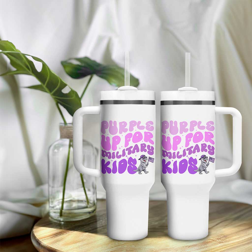 Purple Up For Military Kids Tumbler With Handle Groovy Dino Dinosaur Military Child Month