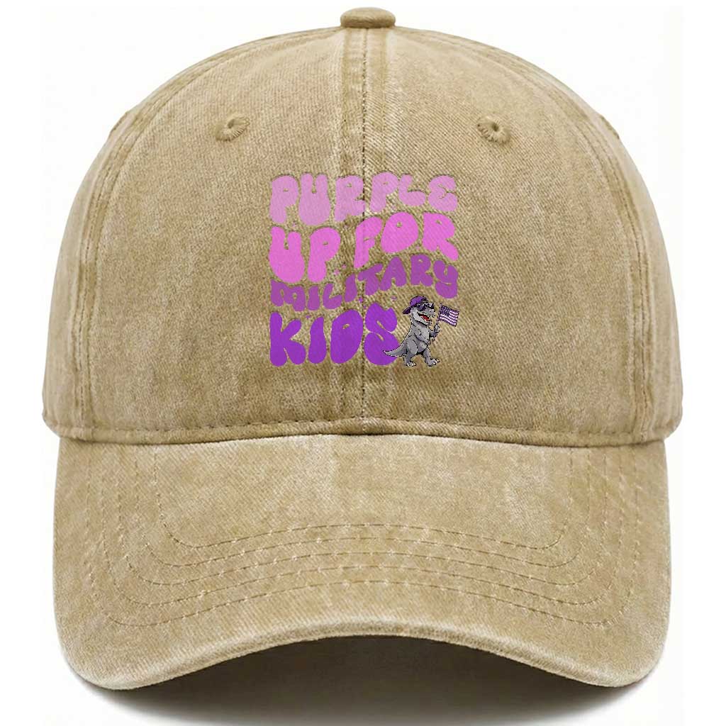 Purple Up For Military Kids Washed Cotton Baseball Cap Groovy Dino Dinosaur Military Child Month