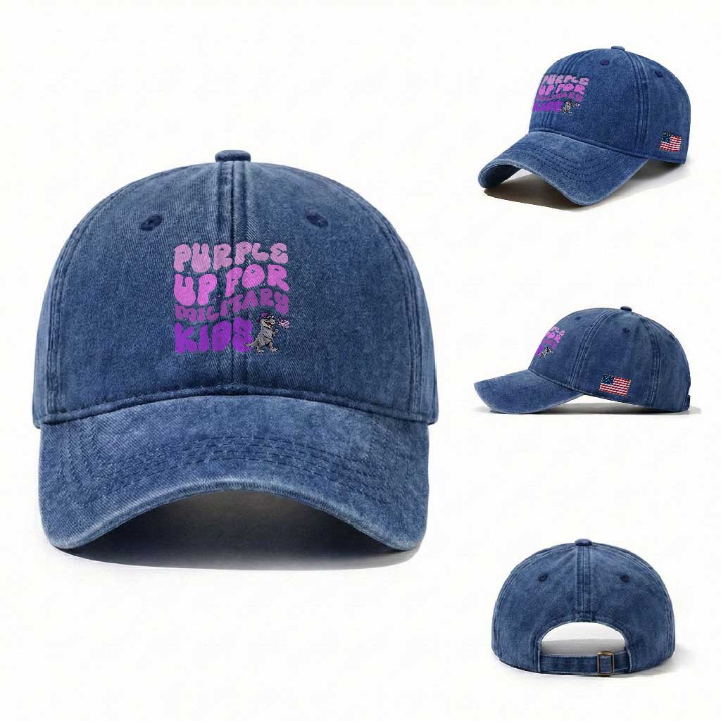 Purple Up For Military Kids Washed Cotton Baseball Cap Groovy Dino Dinosaur Military Child Month