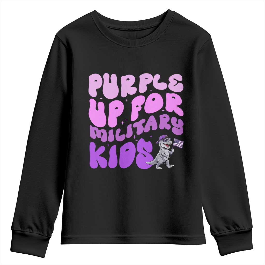 Purple Up For Military Kids Youth Sweatshirt Groovy Dino Dinosaur Military Child Month