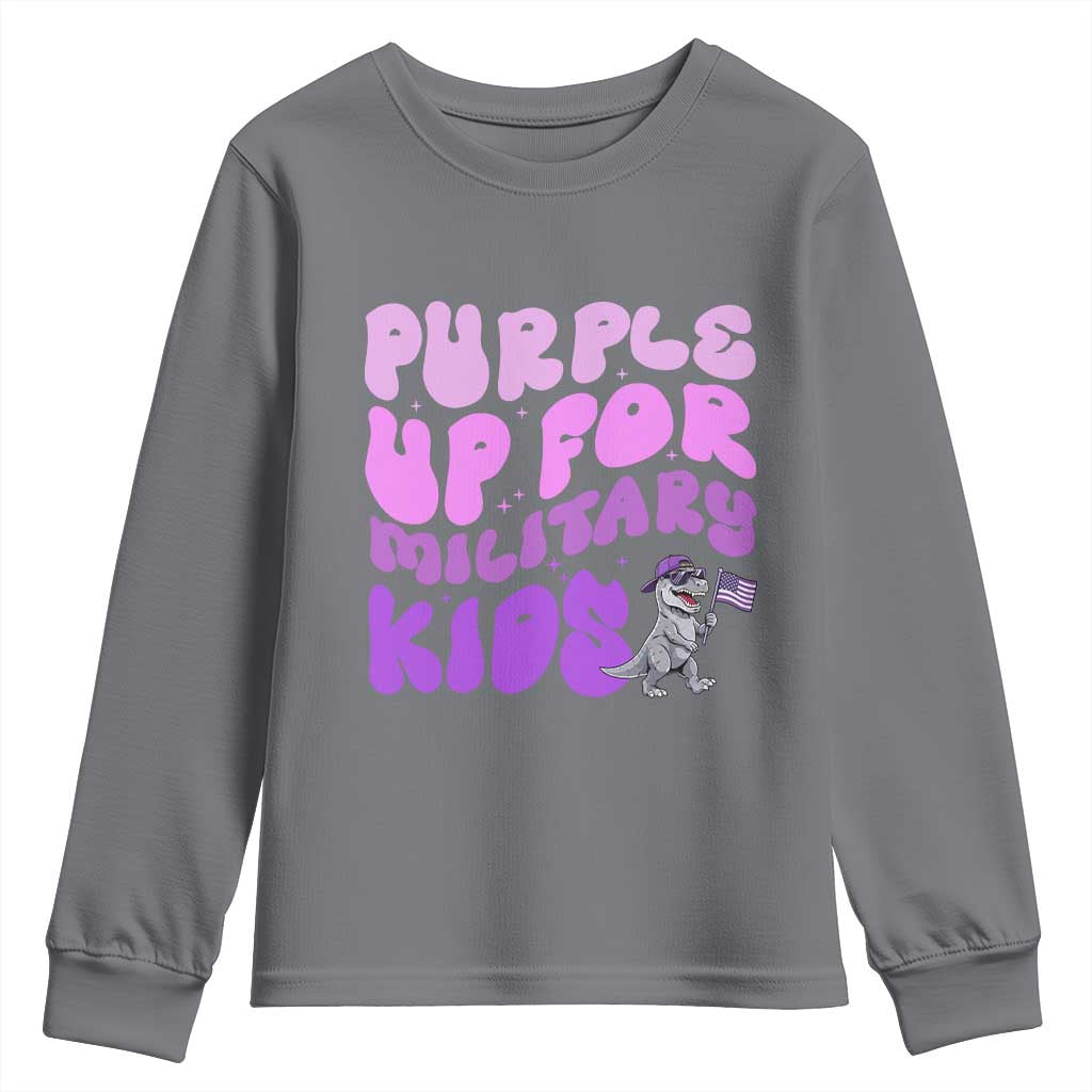 Purple Up For Military Kids Youth Sweatshirt Groovy Dino Dinosaur Military Child Month