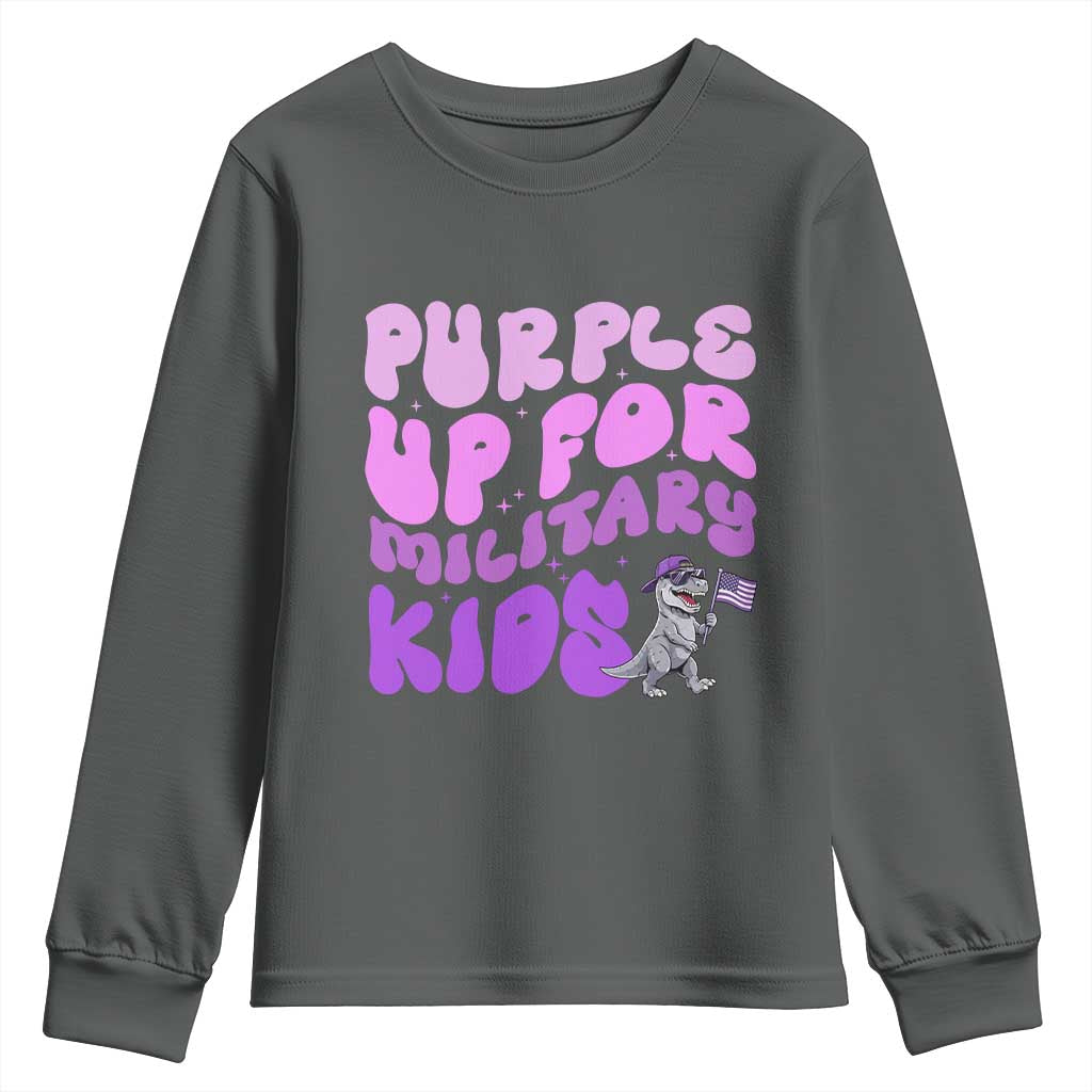 Purple Up For Military Kids Youth Sweatshirt Groovy Dino Dinosaur Military Child Month