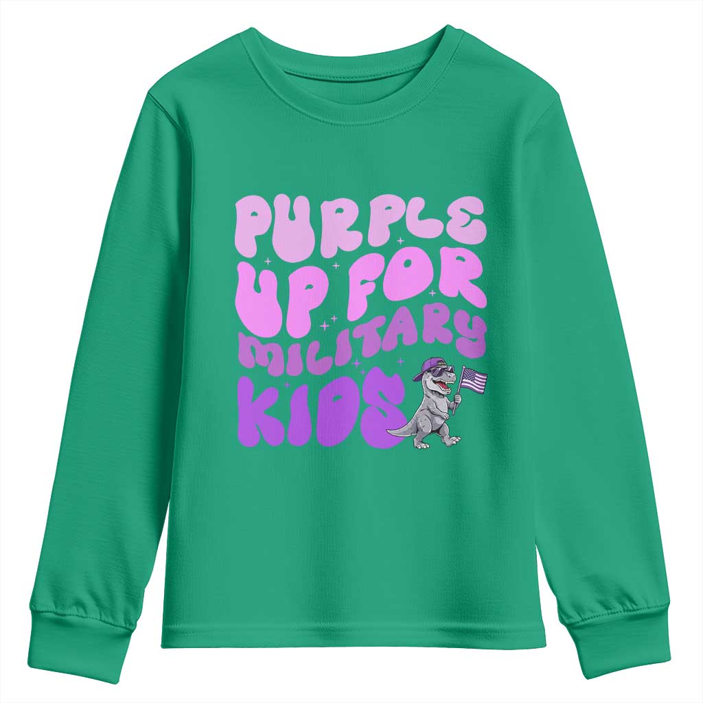 Purple Up For Military Kids Youth Sweatshirt Groovy Dino Dinosaur Military Child Month
