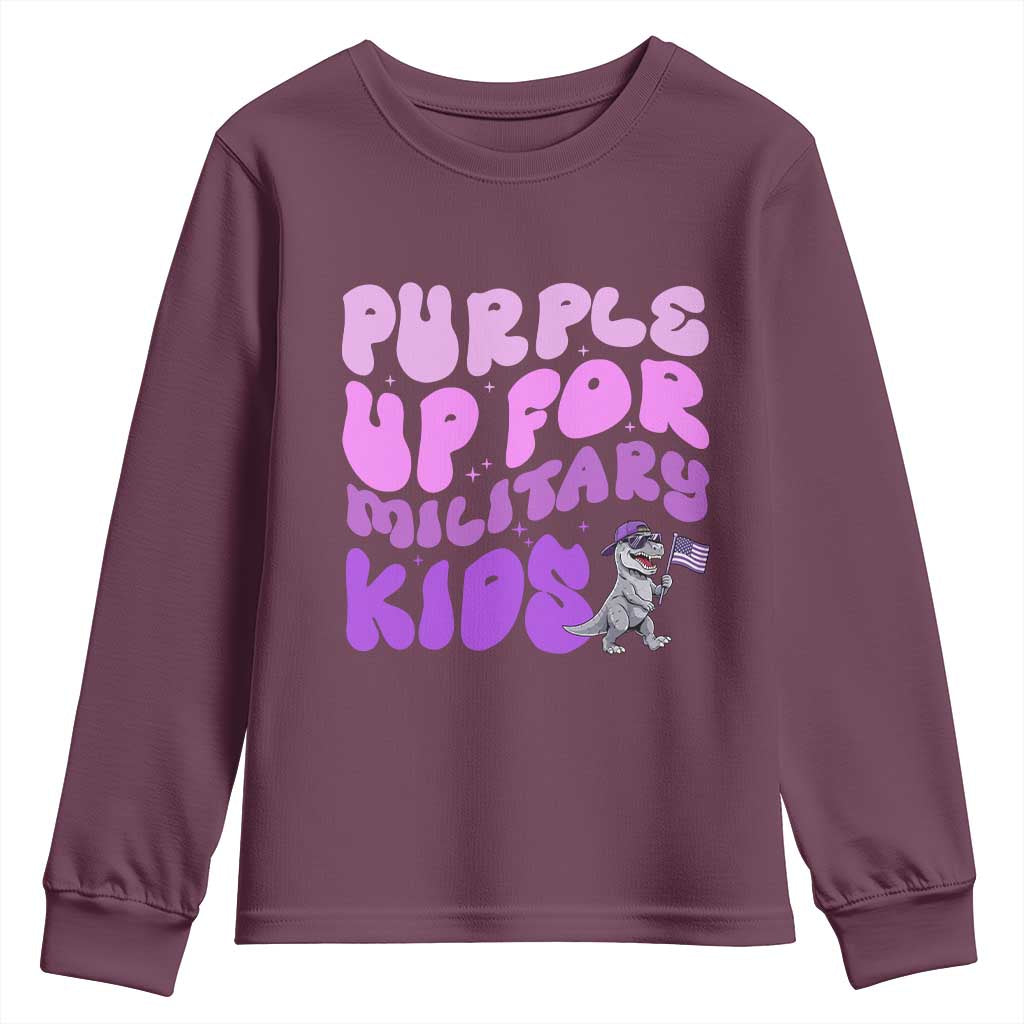 Purple Up For Military Kids Youth Sweatshirt Groovy Dino Dinosaur Military Child Month
