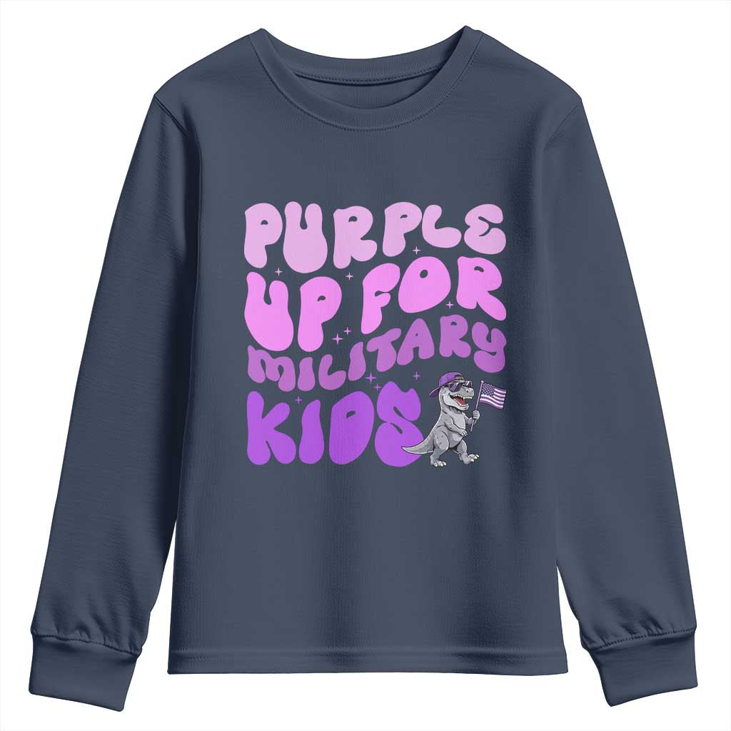 Purple Up For Military Kids Youth Sweatshirt Groovy Dino Dinosaur Military Child Month