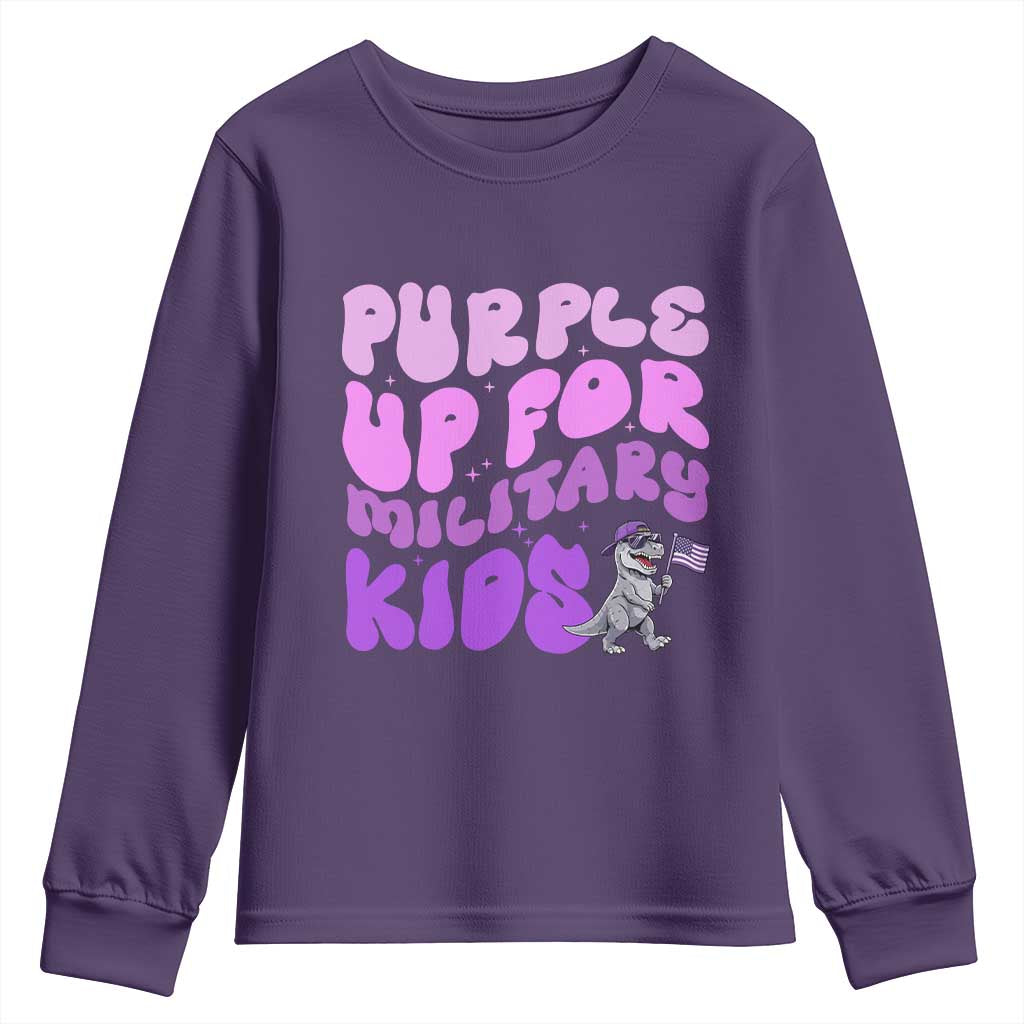 Purple Up For Military Kids Youth Sweatshirt Groovy Dino Dinosaur Military Child Month