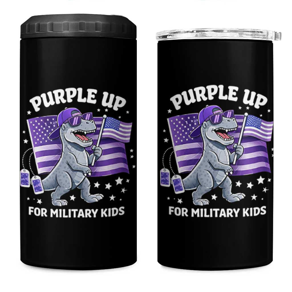 Dinosaur Military Kids 4 in 1 Can Cooler Tumbler Purple Up For Military Child Month Patriotic USA Flag