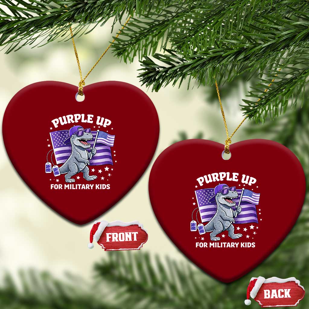 Dinosaur Military Kids Ceramic Ornament Purple Up For Military Child Month Patriotic USA Flag