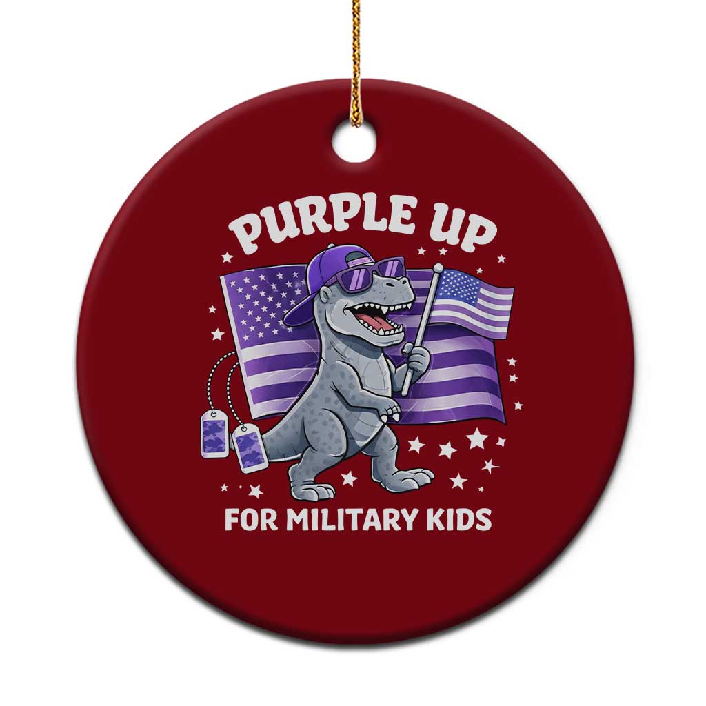 Dinosaur Military Kids Ceramic Ornament Purple Up For Military Child Month Patriotic USA Flag