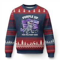 Dinosaur Military Kids Ugly Christmas Sweater Purple Up For Military Child Month Patriotic USA Flag