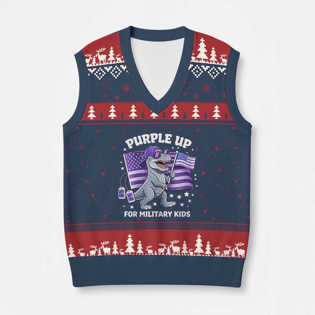 Dinosaur Military Kids V-Neck Knit Sweater Vest Purple Up For Military Child Month Patriotic USA Flag