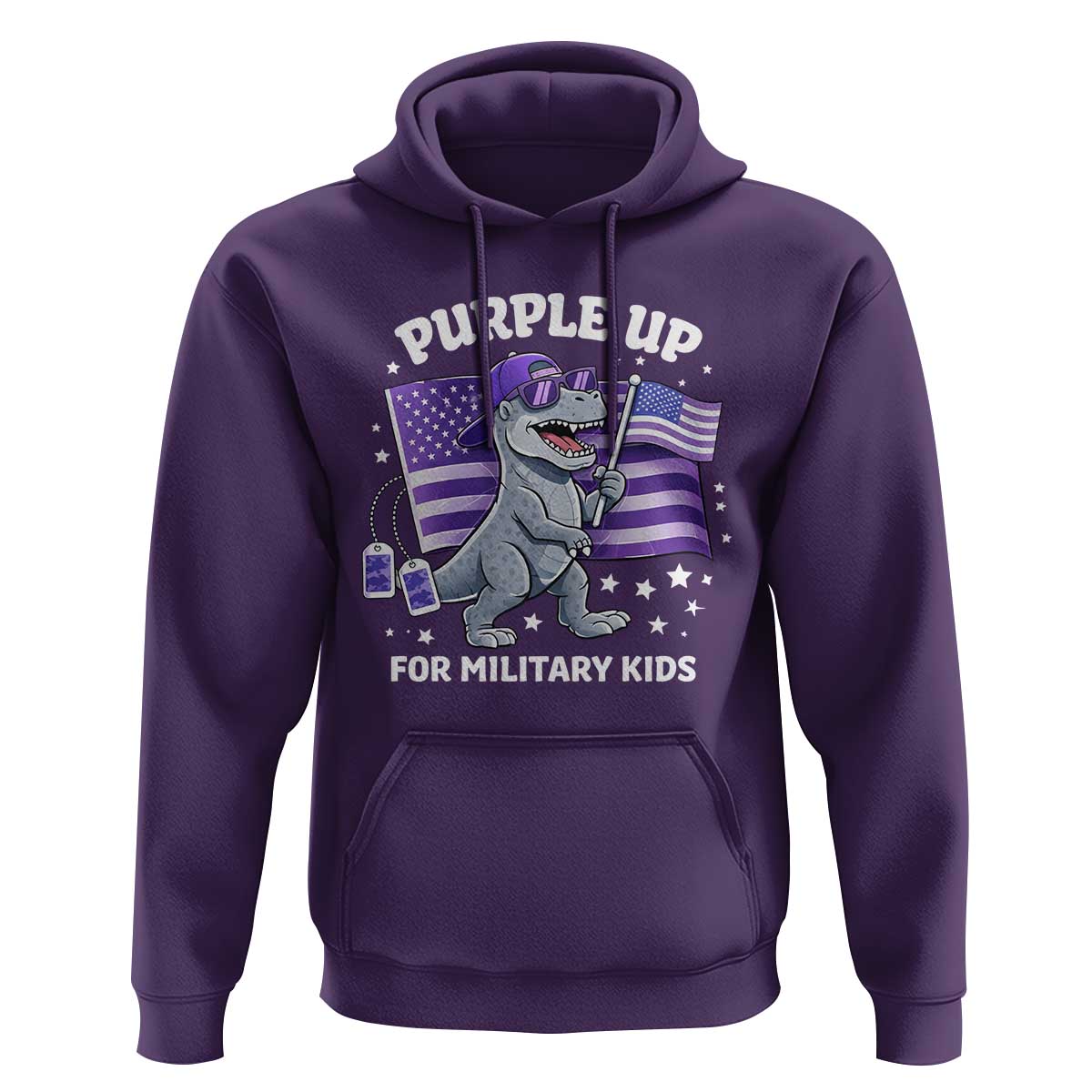 Dinosaur Military Kids Hoodie Purple Up For Military Child Month Patriotic USA Flag